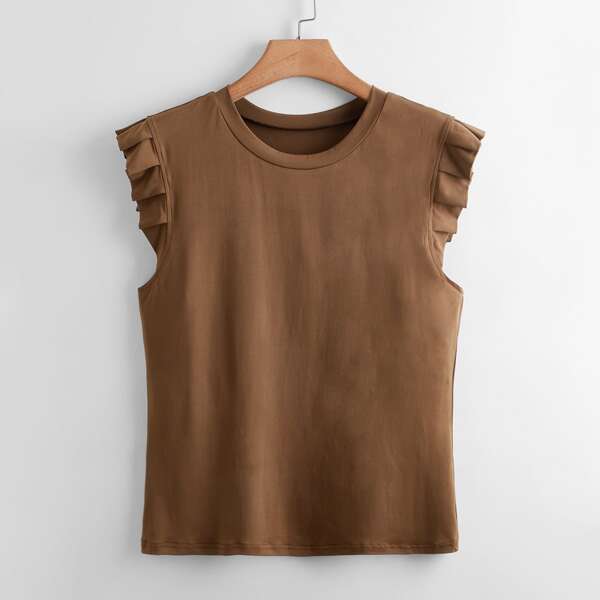 

Plus Solid Ruffle Trim Tee, Coffee brown