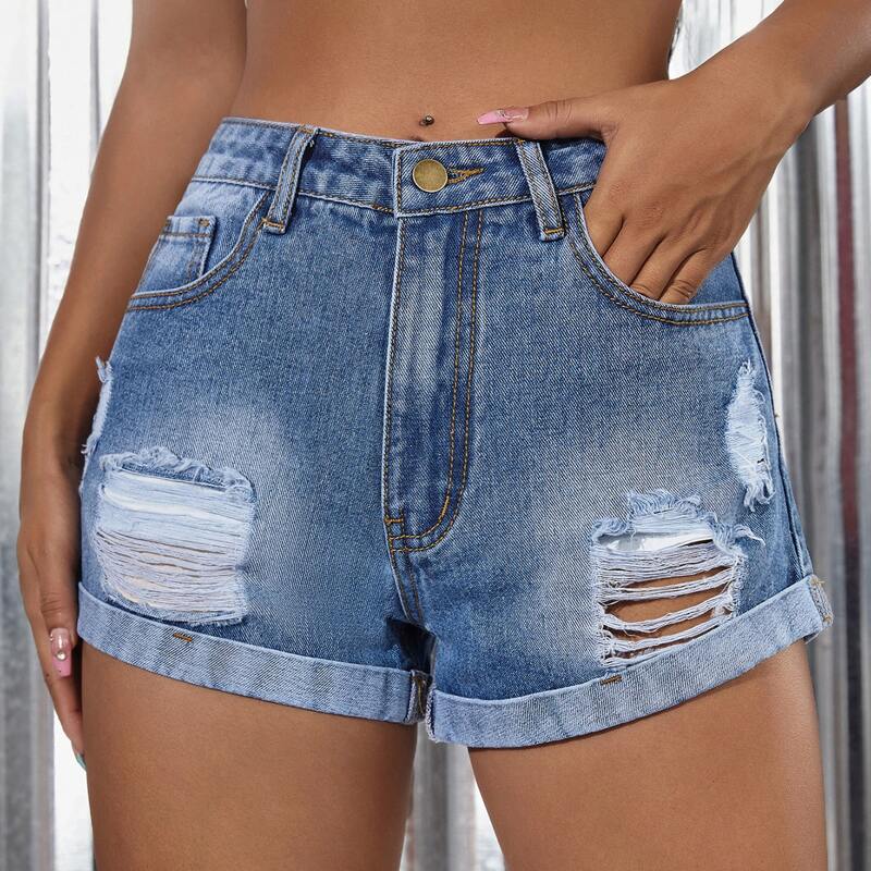 

Flakes Ripped Rolled Hem Denim Shorts, Medium wash