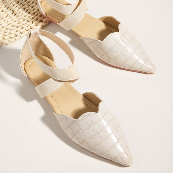 

Croc Embossed Cross Strap Flats, Beige