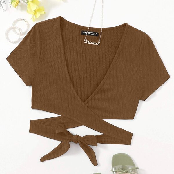 

Plunging Neck Wrap Cross Tie Back Crop Top, Camel