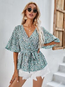 交叉領腰帶豹紋荷葉邊下擺上衣 - 綠色 - 查看 1