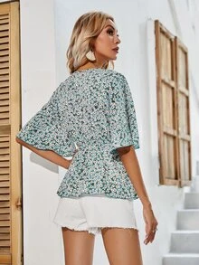 交叉領腰帶豹紋荷葉邊下擺上衣 - 綠色 - 查看 2