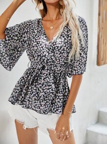 Surplice Neck Belted Leopard Peplum Top - Navy Blue - View 1
