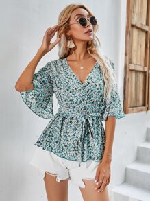 交叉領腰帶豹紋荷葉邊下擺上衣 - 綠色 - 查看 5