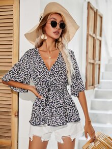 Surplice Neck Belted Leopard Peplum Top - Navy Blue - View 4