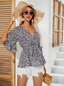 Surplice Neck Belted Leopard Peplum Top - Navy Blue - View 6