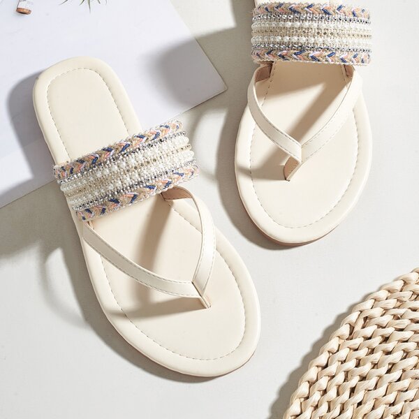 

Faux Pearl Decor Thong Sandals, Beige