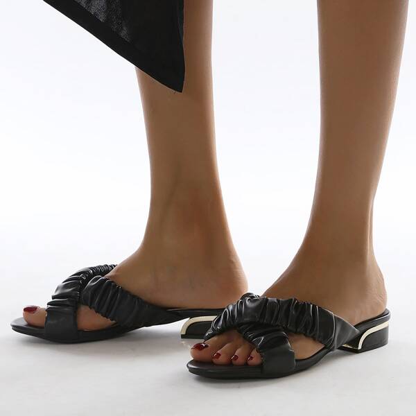 

Ruched Cross Strap Block Heeled Mules, Black