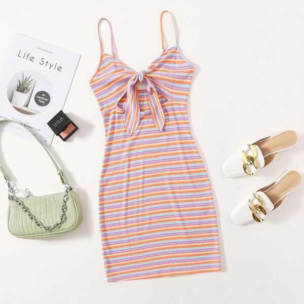 

Plus Tie Front Striped Print Dress, Multicolor