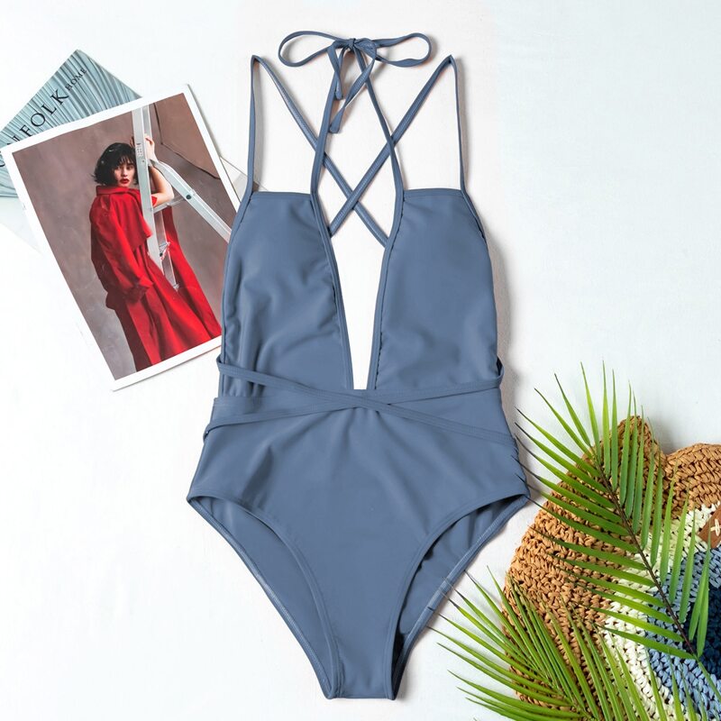 

Cut-out Plunging One Piece Swimsuit, Dusty blue