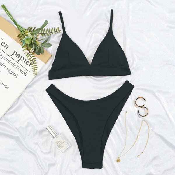 

Rib High Cut Bikini Swimsuit, Black