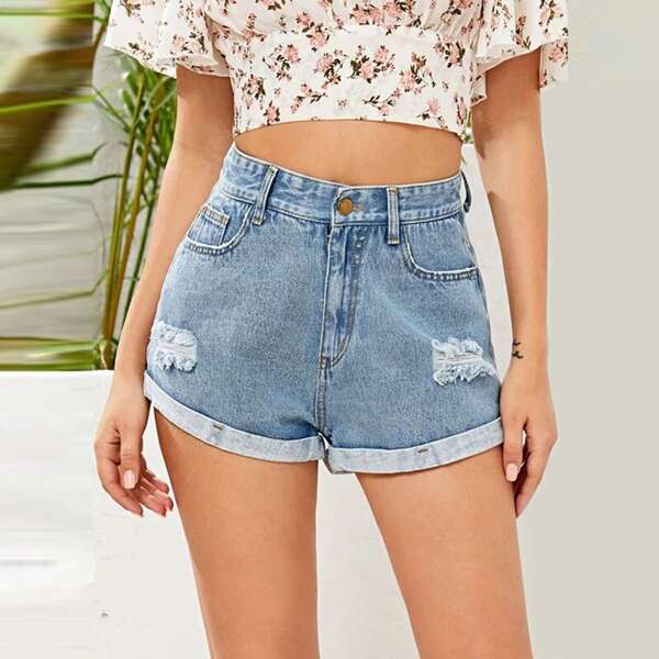 

Light Wash Ripped Detail Cuffed Denim Shorts
