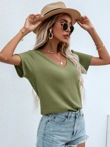 SHEIN LUNE Waffle Knit V Neck Solid Tee - Army Green - View 1