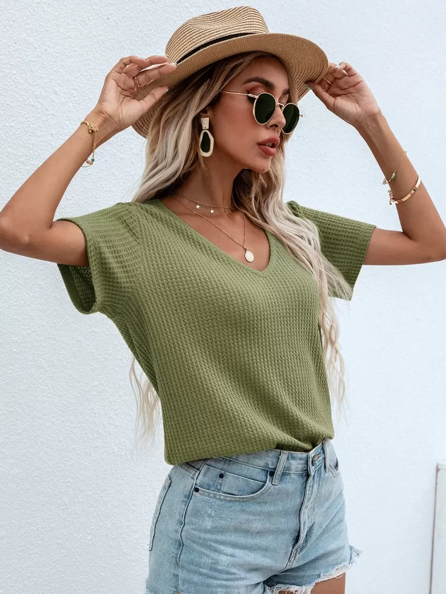 SHEIN LUNE Waffle Knit V Neck Solid Tee - Army Green - View 1