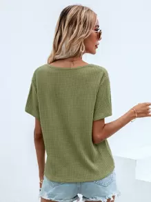 SHEIN LUNE Waffle Knit V Neck Solid Tee - Army Green - View 2