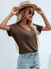 SHEIN LUNE Waffle Knit V Neck Solid Tee - Brown - View 1