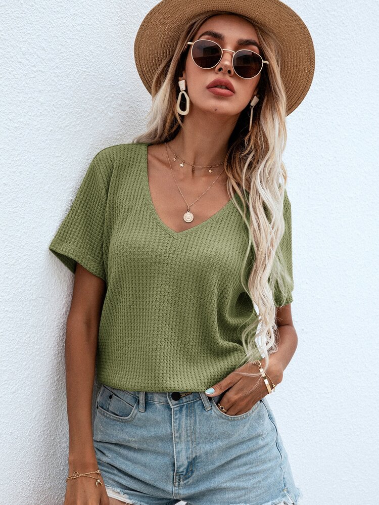 SHEIN LUNE Waffle Knit V Neck Solid Tee - Army Green - View 3