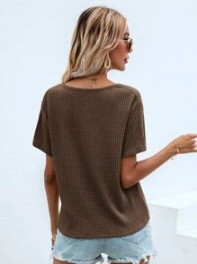 SHEIN LUNE Waffle Knit V Neck Solid Tee - Brown - View 2