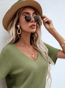SHEIN LUNE Waffle Knit V Neck Solid Tee - Army Green - View 4