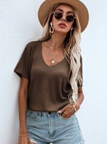 SHEIN LUNE Waffle Knit V Neck Solid Tee - Brown - View 3