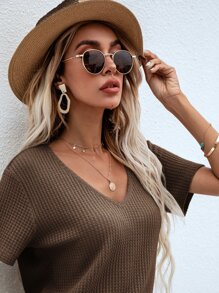SHEIN LUNE Waffle Knit V Neck Solid Tee - Brown - View 4