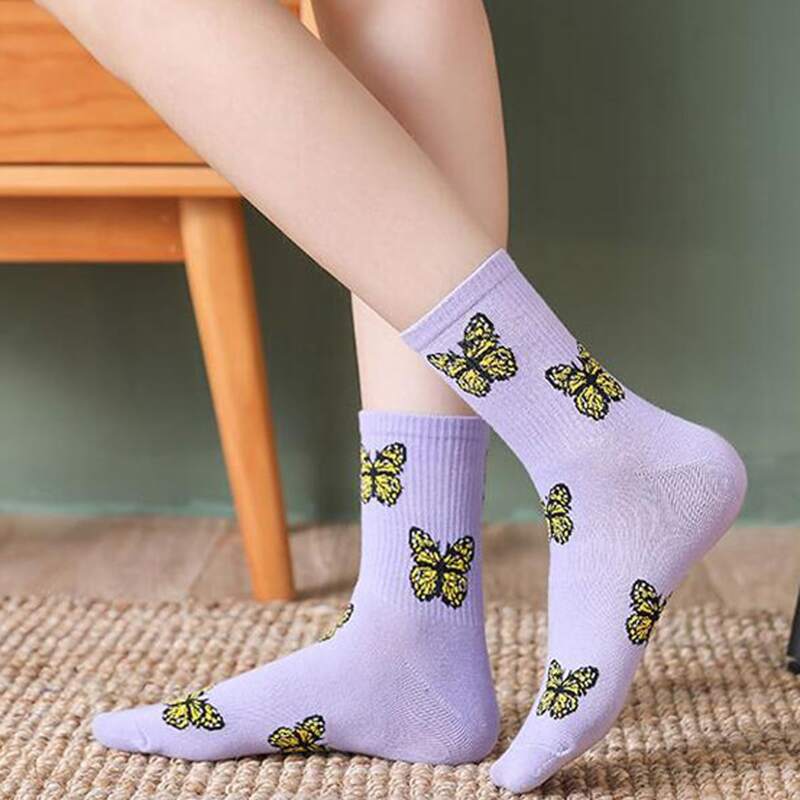 

Butterfly Pattern Crew Socks, Purple
