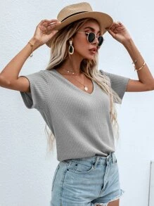 SHEIN LUNE Waffle Knit V Neck Solid Tee - Grey - View 1
