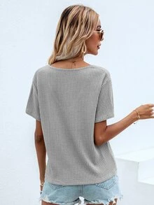 SHEIN LUNE Waffle Knit V Neck Solid Tee - Grey - View 2