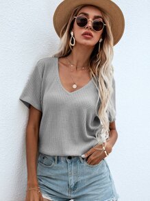 SHEIN LUNE Waffle Knit V Neck Solid Tee - Grey - View 3