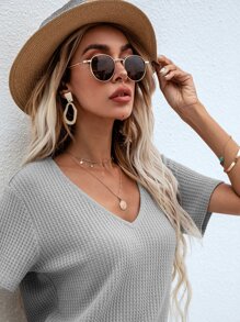 SHEIN LUNE Waffle Knit V Neck Solid Tee - Grey - View 4