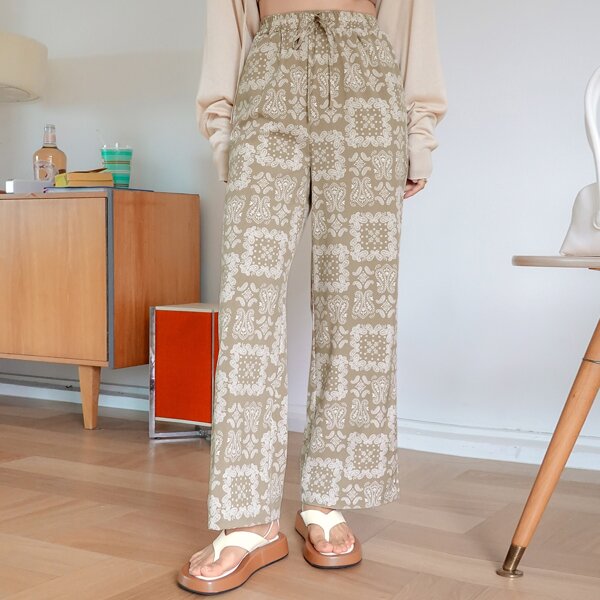 

Paisley Print Knot Wide Leg Pants, Khaki