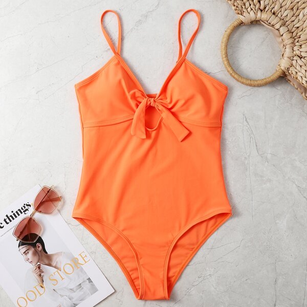 

Knot Front Keyhole One Piece Swimsuit, Orange