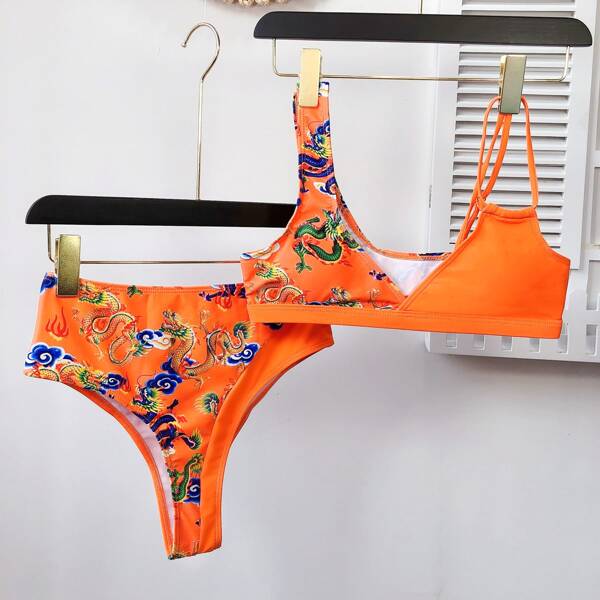 

Chinese Dragon Print High Waisted Bikini Swimsuit, Orange