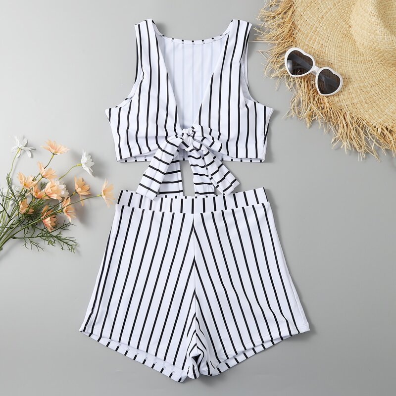 

Striped Knot Front Shorts Bikini Swimsuit, Black and white