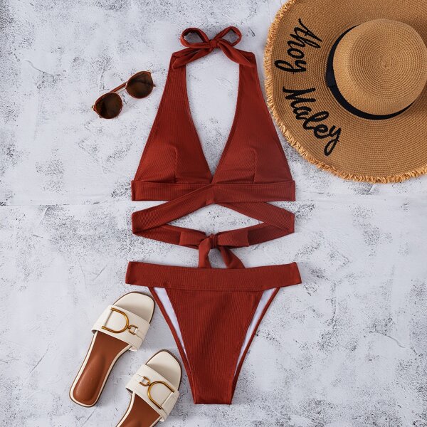 

Rib Wrap Halter Thong Bikini Swimsuit, Rust brown