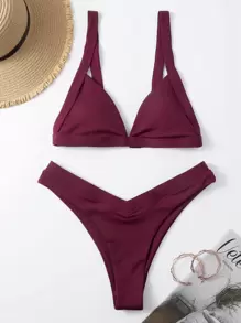 Rib Triangle Bikini For Summer Beach Vacation - Maroon - View 1