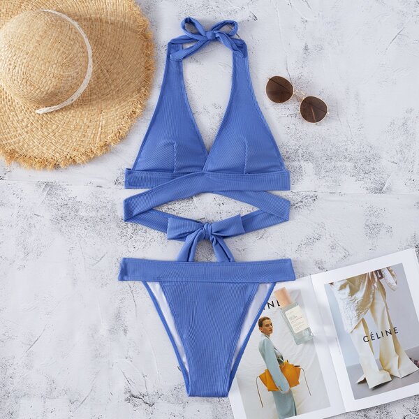 

Rib Wrap Halter Thong Bikini Swimsuit, Blue