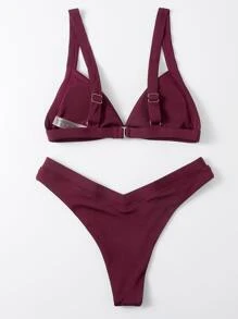 Rib Triangle Bikini For Summer Beach Vacation - Maroon - View 2