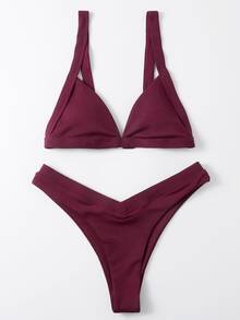 Rib Triangle Bikini For Summer Beach Vacation - Maroon - View 4