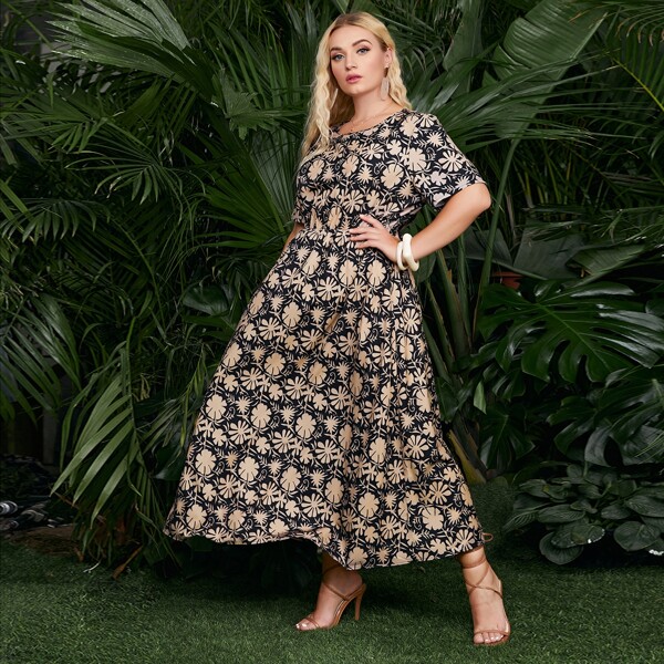 

Plus Allover Floral A-line Dress, Multicolor