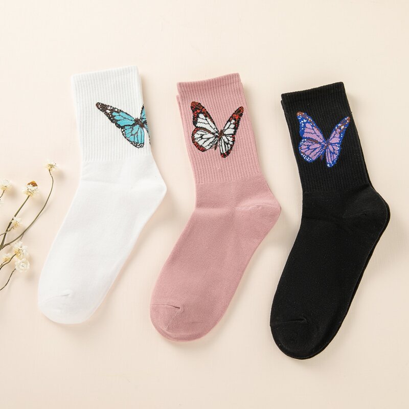 

3pairs Butterfly Pattern Crew Socks, Multicolor