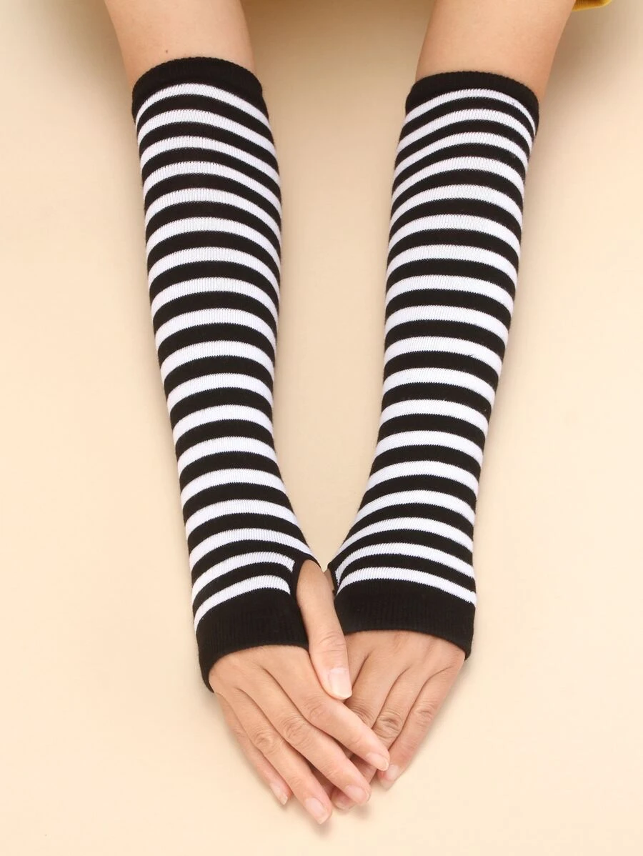 Striped Print Arm Sleeves Halloween Accessories Winter Gloves Cold Gloves - Black and White - View 1