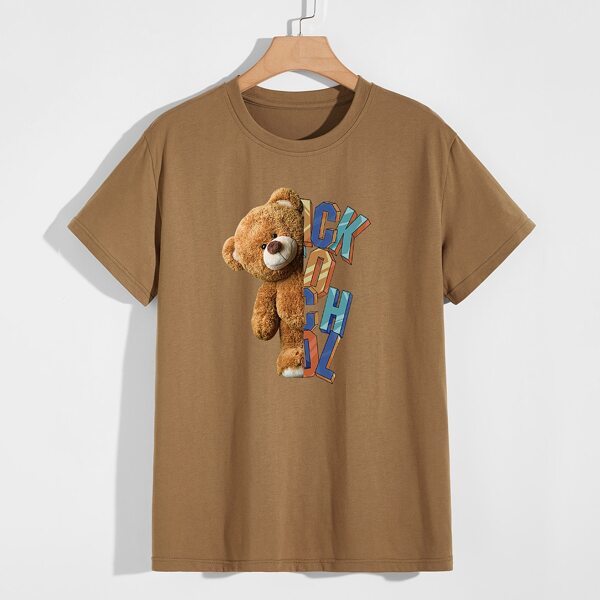 

Men Cartoon Bear And Letter Graphic Tee, Coffee brown