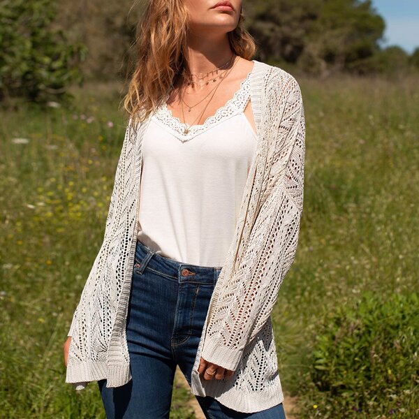 

Pointelle Knit Drop Shoulder Cardigan, Beige