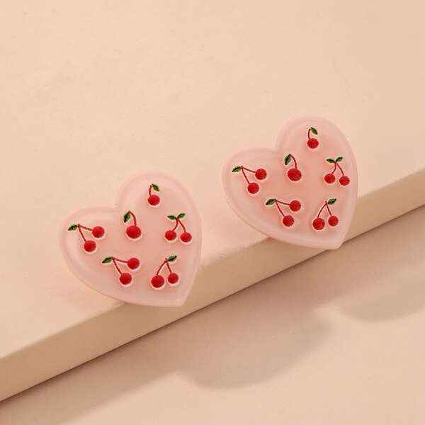 

Cherry Print Heart Earrings, Pink