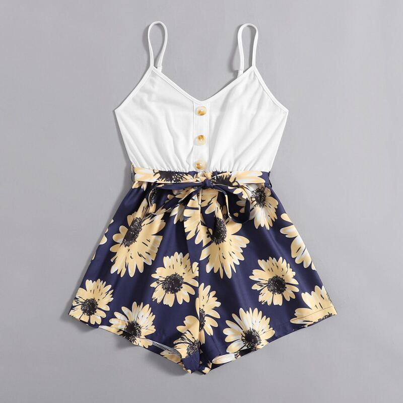 

Sunflower Print Button Front Cami Romper, Multicolor