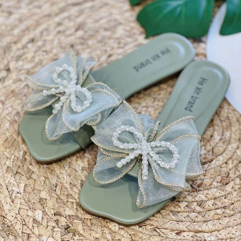 

Faux Pearl Bow Slide Sandals, Green