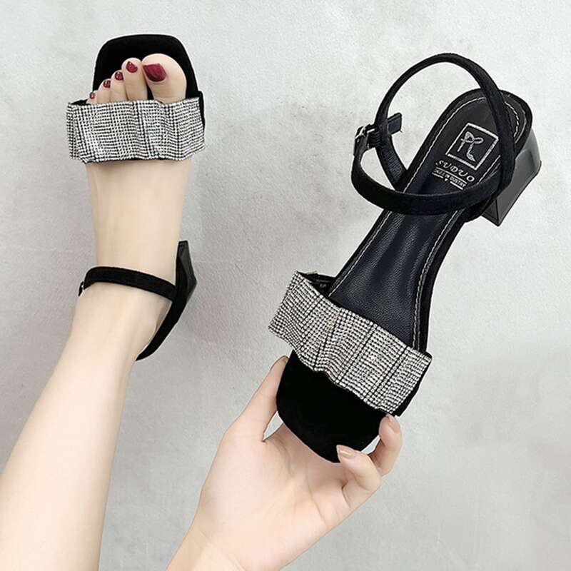 

Rhinestone Band Slingback Sandals, Black