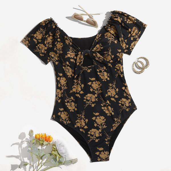 

Plus Floral Cut-out Knot One Piece Swimsuit, Multicolor