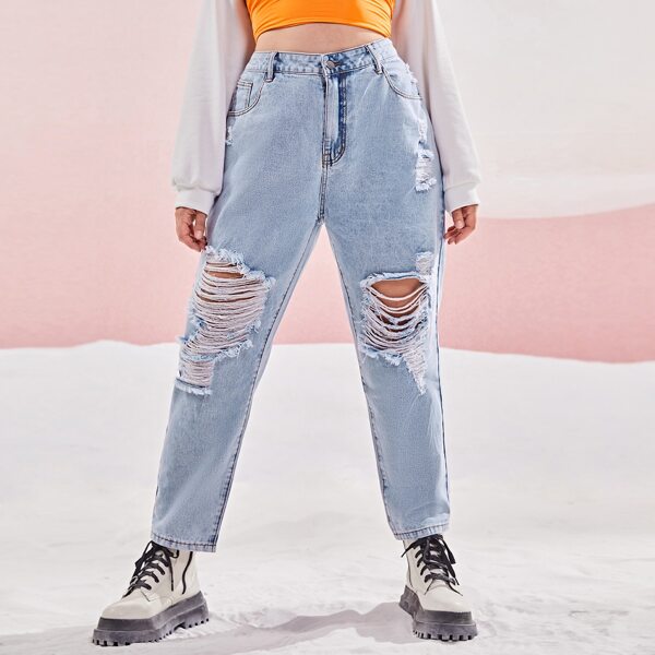 

Plus Light Waist Ripped Mom Jeans, Light wash